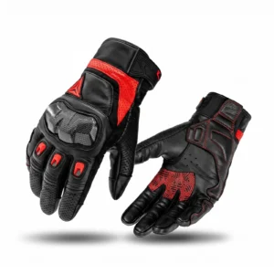 Pair of black Motowolf Leather Breathable Motorbike Riding Gloves on a sleek background