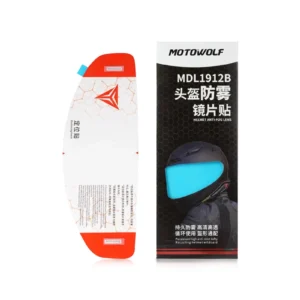 Clear Motowolf anti-fog sticker applied seamlessly inside a motorcycle helmet visor showing crystal-clear visibility