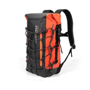 Black Motowolf Waterproof Backpack standing upright on the passenger seat of an adventure motorcycle