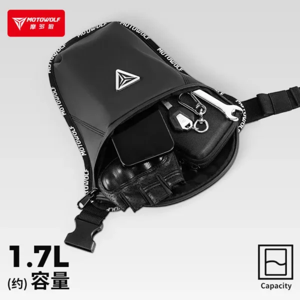 Motowolf Motorcycle Leg Pack – Waterproof Riding Thigh Bag for Adventure & Touring Bikers 7 Motowolf Motorcycle Leg Bag top view showing zipper access