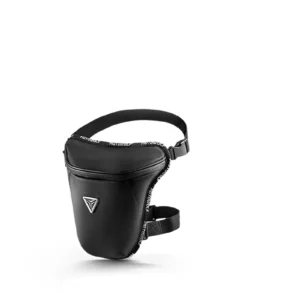 Black Motowolf Motorcycle Leg Bag securely strapped to a rider's thigh beside a street bike