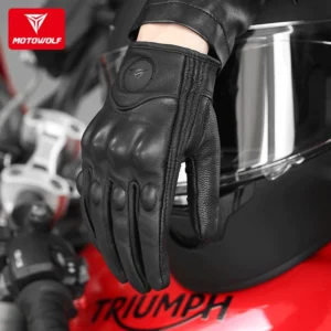Close-up of the heavy-duty adjustable velcro wrist cuff on the Motowolf Full Finger Goatskin Leather Gloves