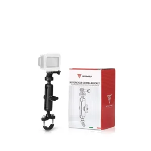 Black CNC aluminum Motowolf Anti-Shake Bike Camera Mount clamped to a motorcycle handlebar holding an action camera