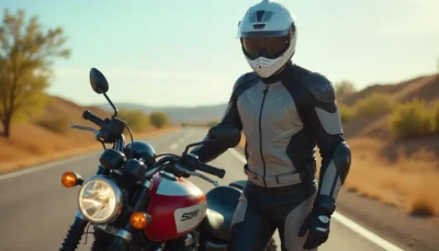 Aerodynamic full-face motorcycle helmet with tinted visor resting on a motorcycle seat