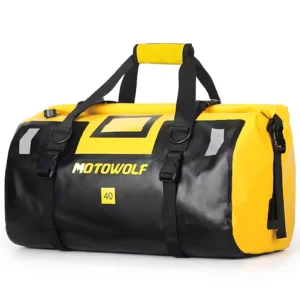 Black Motowolf 40L Waterproof Tail Bag strapped securely to the rear rack of an adventure motorcycle