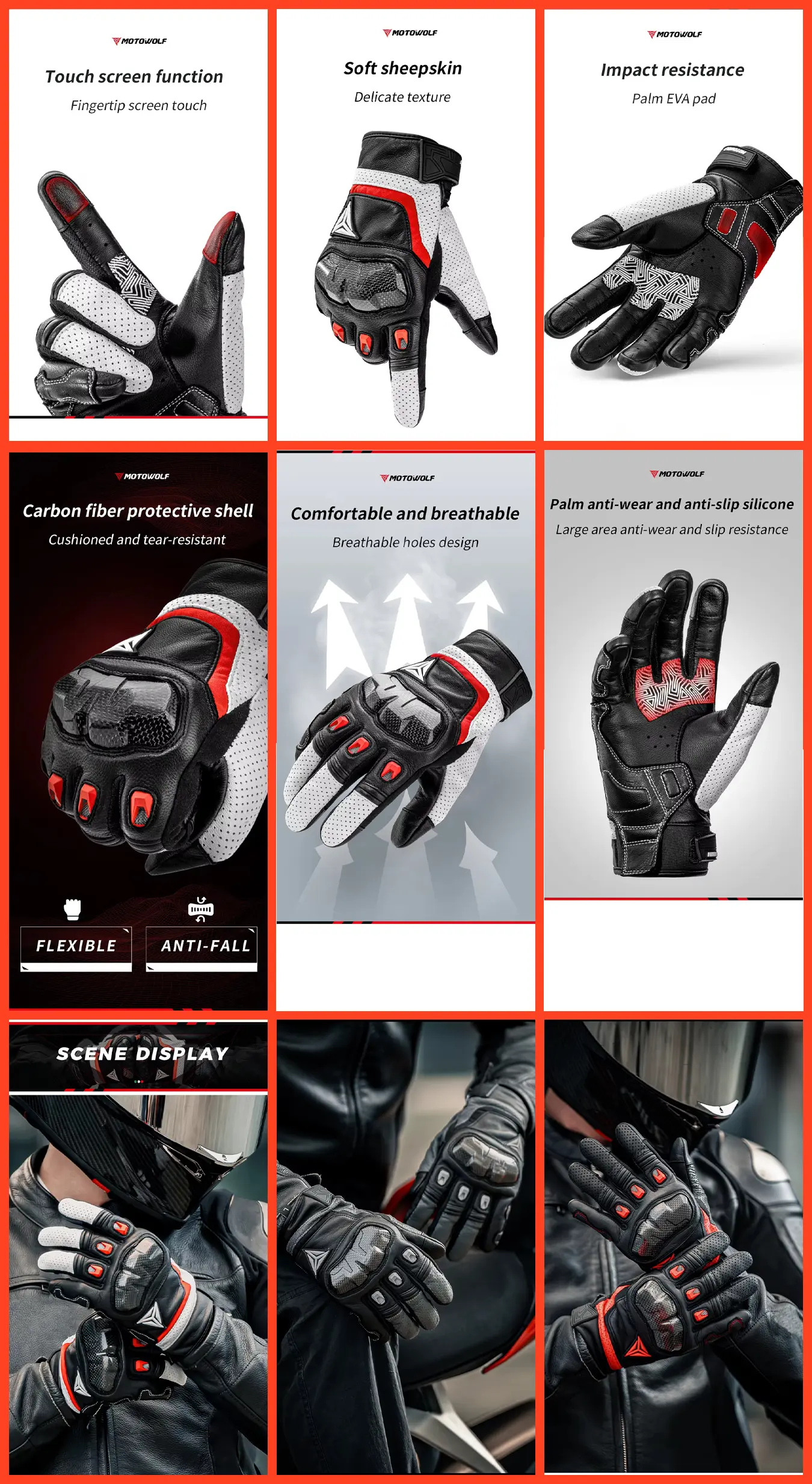 MOTOWOLF Full Finger Leather Gloves – Carbon Fiber Protective Motorcycle Gloves 16 MOTOWOLF Full Finger Leather Gloves palm view