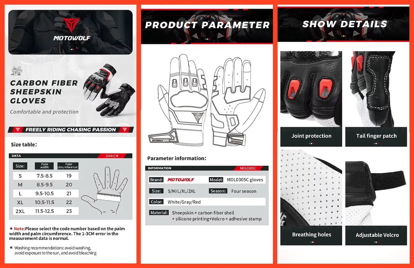 MOTOWOLF Full Finger Leather Gloves – Carbon Fiber Protective Motorcycle Gloves 17 MOTOWOLF Full Finger Leather Gloves front view