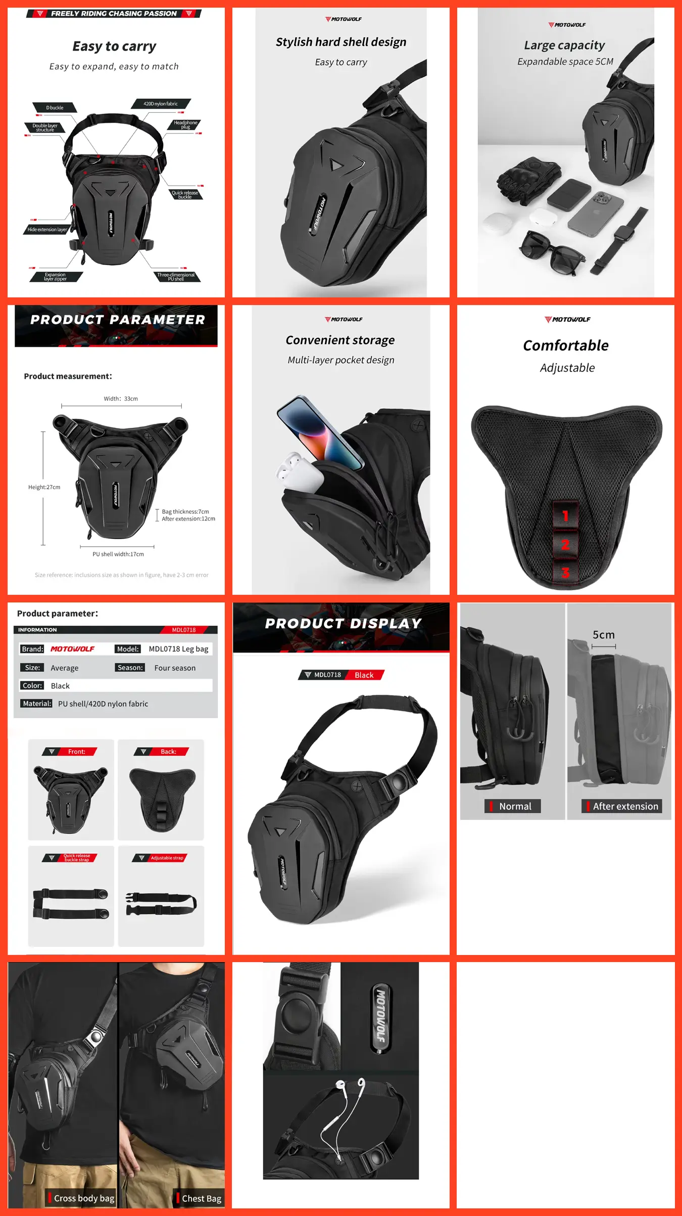 Motowolf Leg Bag – Motorcycle Waterproof Riding Waist & Thigh Pouch 7 Motowolf Leg Bag storage compartments
