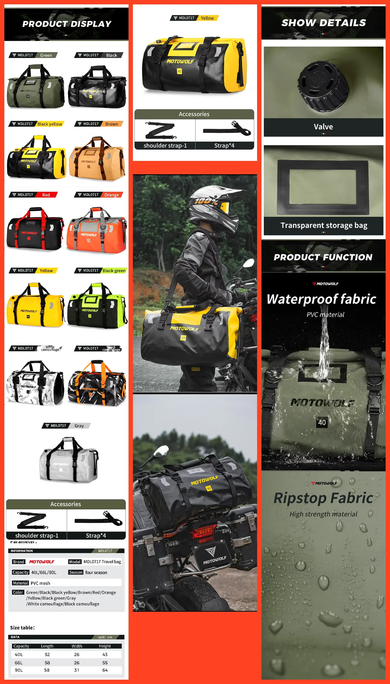 Motowolf Tail Bag – 40L Waterproof Motorcycle Outdoor Sport Luggage 22 MOTOWOLF 40L large capacity waterproof outdoor travel bag mounted on a motorbike for long-distance riding and touring
