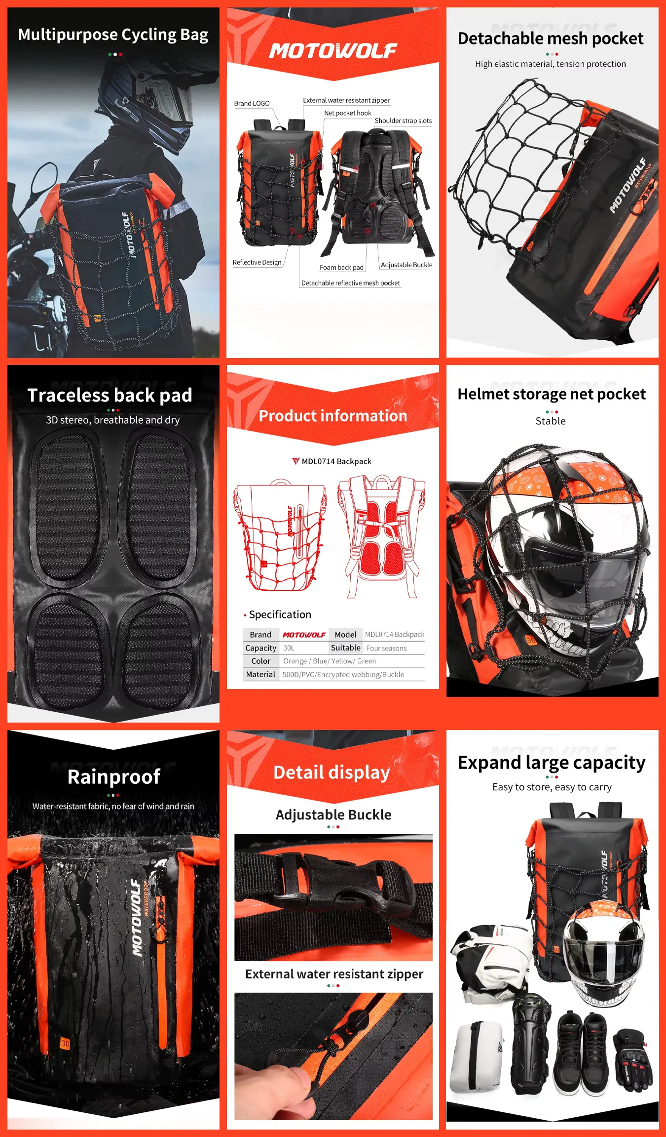 Motowolf Waterproof Backpack – Motorcycle Helmet Bag 21 Motowolf Waterproof Backpack front view showing large capacity
