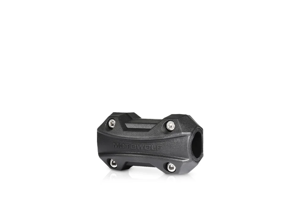Pair of black Motowolf motorcycle crash bar protection slider blocks clamped securely onto engine guard tubes