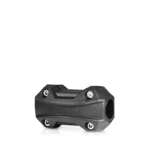 Pair of black Motowolf motorcycle crash bar protection slider blocks clamped securely onto engine guard tubes