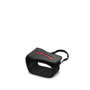 Black Motowolf motorcycle gear shift shoe shifter cover fitted securely over a rider's boot on a motorcycle footpeg