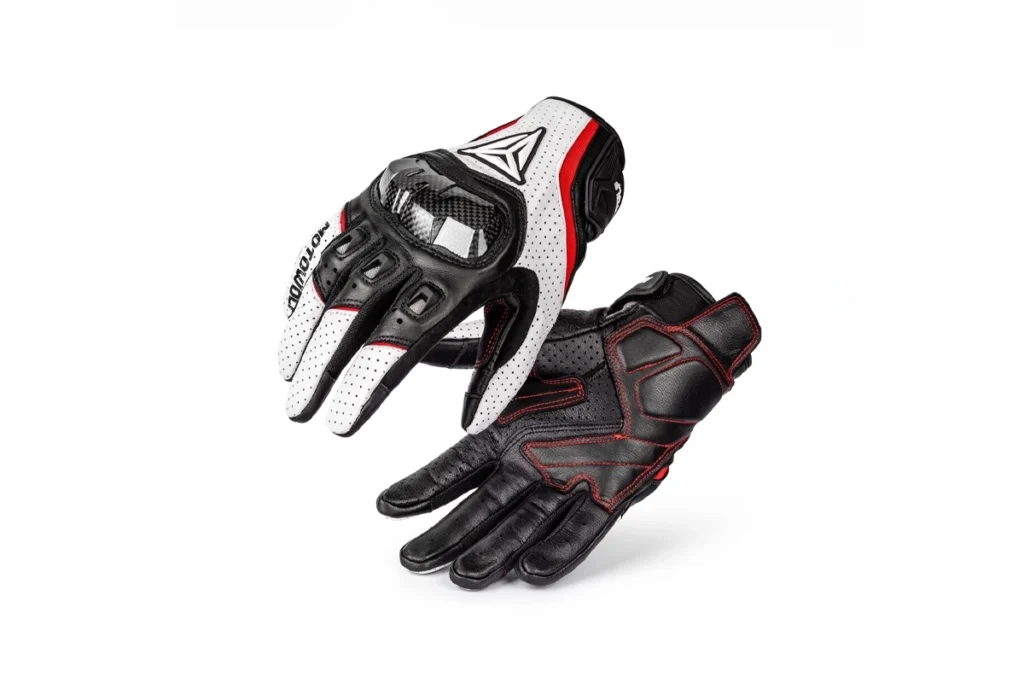 Pair of Motowolf Leather Racing Gloves resting on a sleek sportbike passenger seat