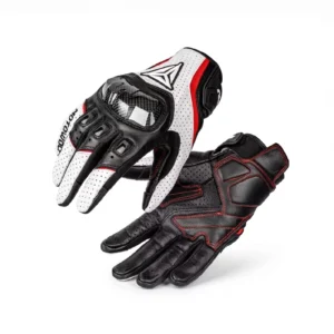 Pair of Motowolf Leather Racing Gloves resting on a sleek sportbike passenger seat