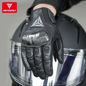 View of the double-layered reinforced leather and anti-slip pads on the palm of the Motowolf Leather Racing Gloves