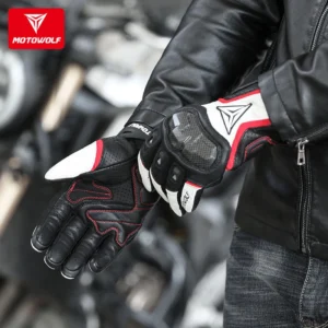 The index finger of the Motowolf Leather Racing Gloves operating a smartphone lap timer app