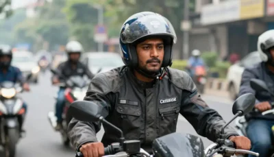 Motorcyclist fully equipped with premium safety gear including helmet, jacket, gloves, and riding shoes