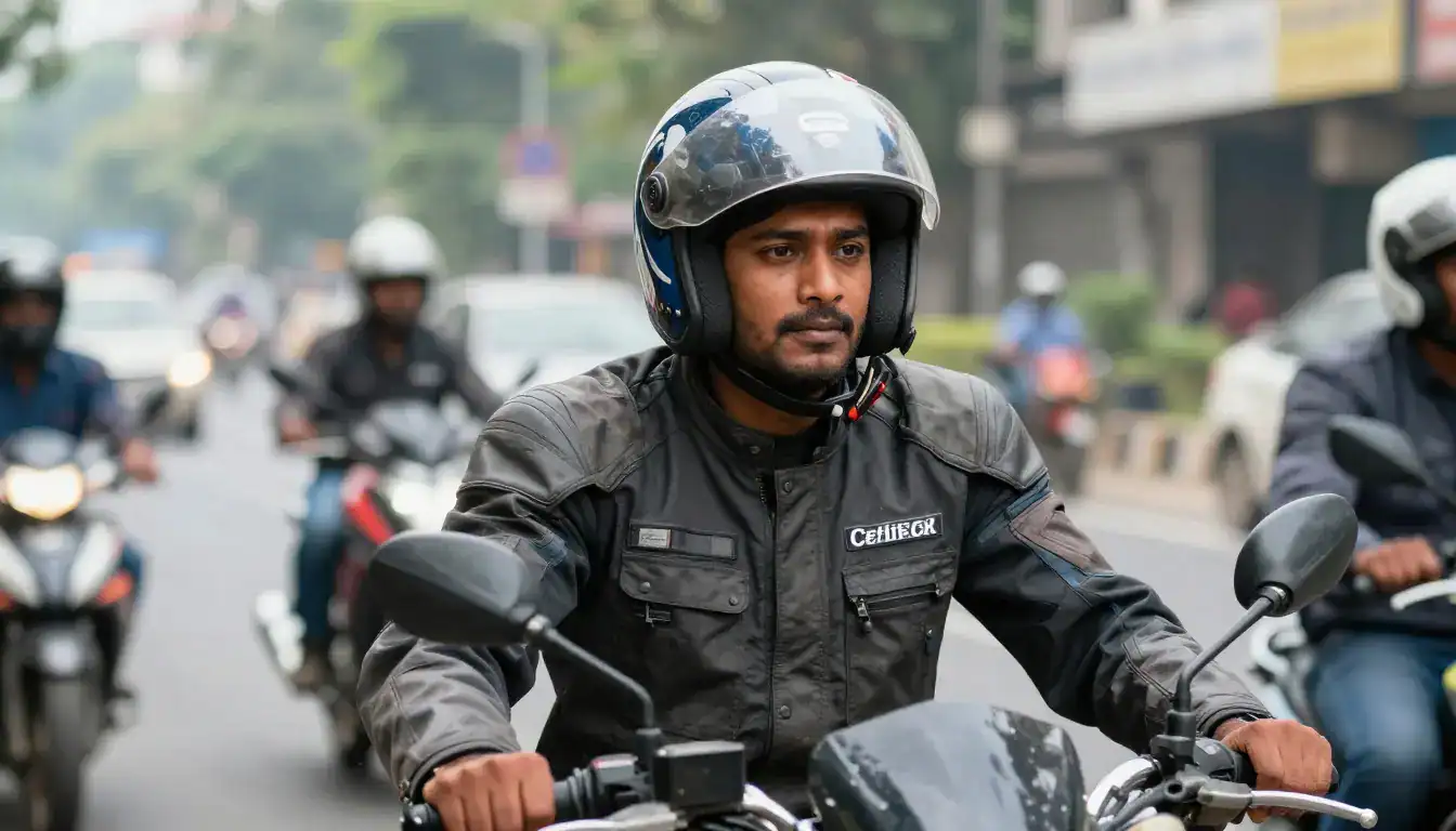 Motorcyclist fully equipped with premium safety gear including helmet, jacket, gloves, and riding shoes