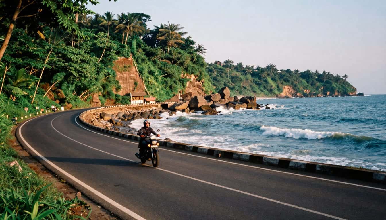 Long sandy coastline of Cox's Bazar beach with ocean waves crashing under a blue sky