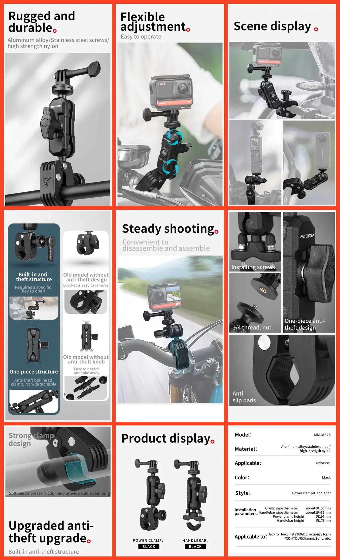 MOTOWOLF Clamp Camera Mount - For Go-pro Record 7 Flexible Clamp Camera Mount on Motorcycle