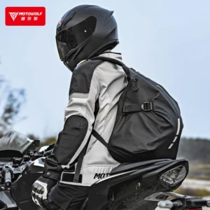 Water droplets beading and rolling off the exterior Oxford fabric of the Motowolf Helmet Bag
