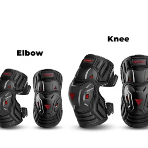 Complete set of black Motowolf Motorcycle Knee and Elbow Guards resting on a motorcycle seat