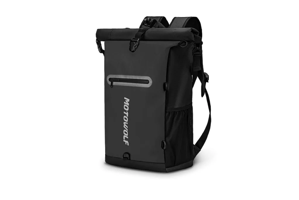 Black Motowolf Backpack MB3 resting upright on the seat of a motorcycle