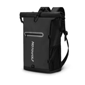 Black Motowolf Backpack MB3 resting upright on the seat of a motorcycle