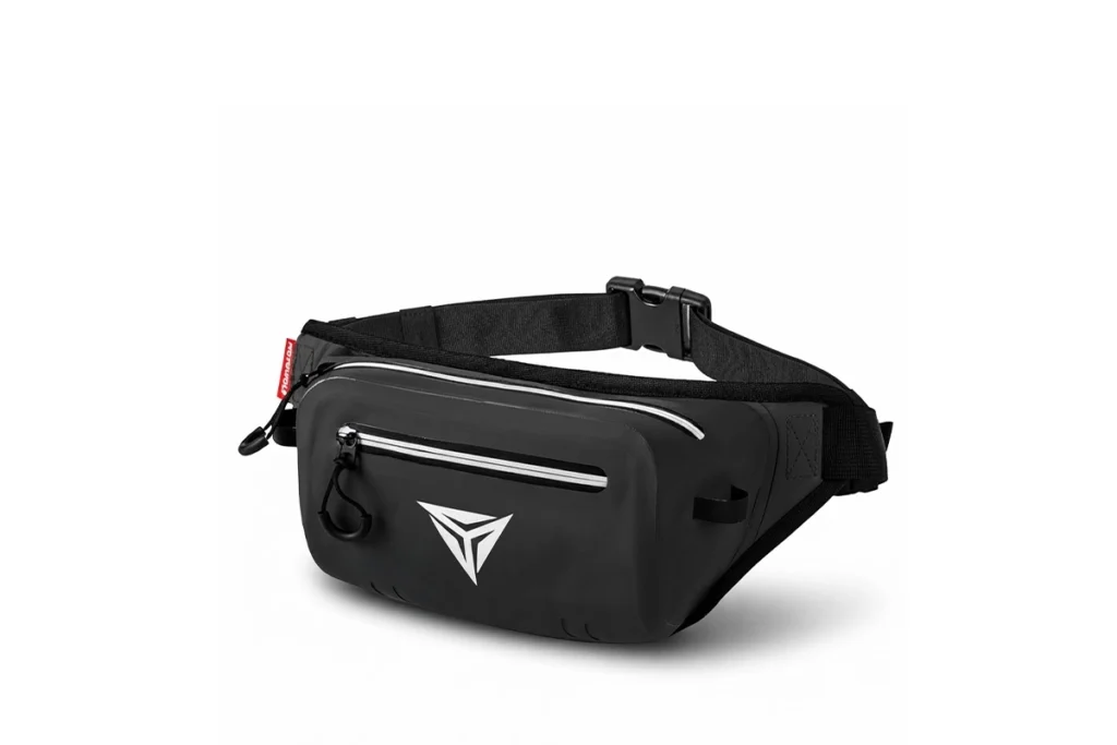 Black Motowolf MB12 Waterproof Waist Bag worn around the waist of a motorcycle rider