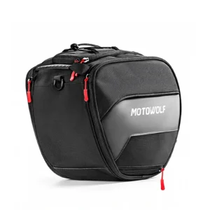 Black Motowolf Scooter Storage Bag mounted securely in the footwell floorboard tunnel of a maxi-scooter