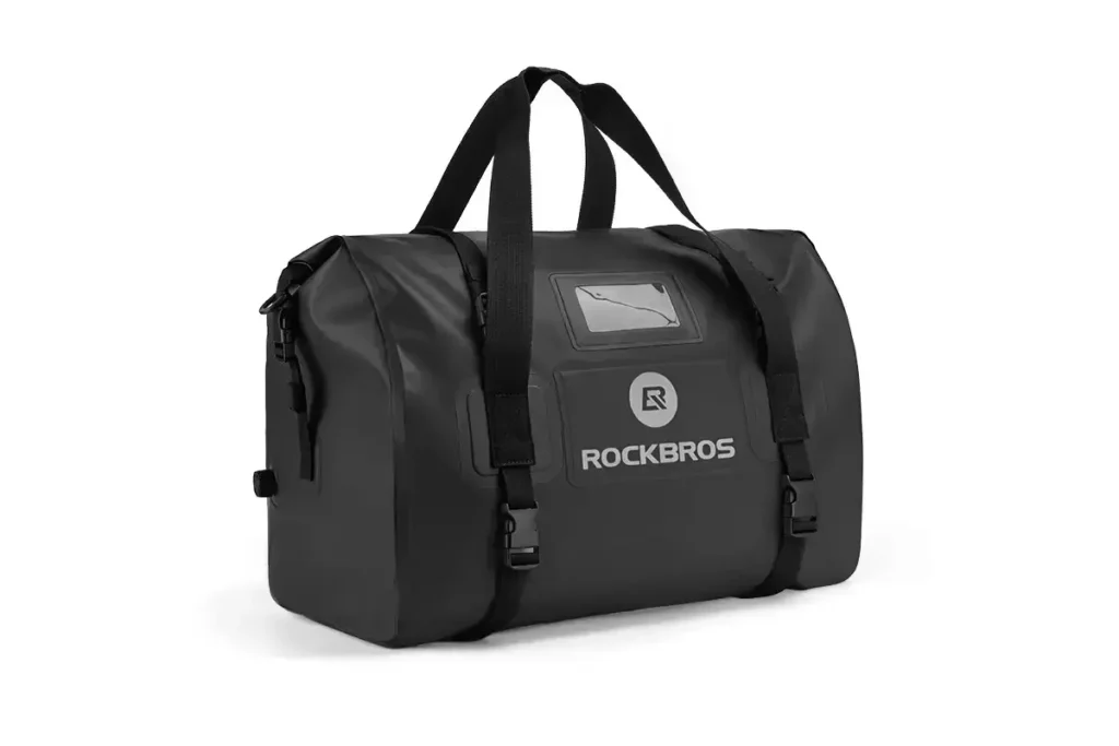Black Rockbros Tail Bag mounted securely to the rear pillion seat of a motorcycle