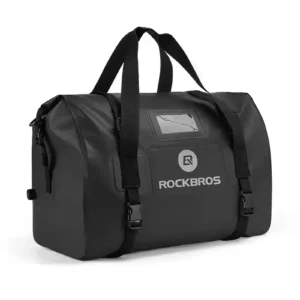 Black Rockbros Tail Bag mounted securely to the rear pillion seat of a motorcycle
