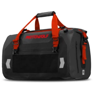 Black Motowolf Tail Bag MB4 mounted securely to the rear passenger seat of a street motorcycle