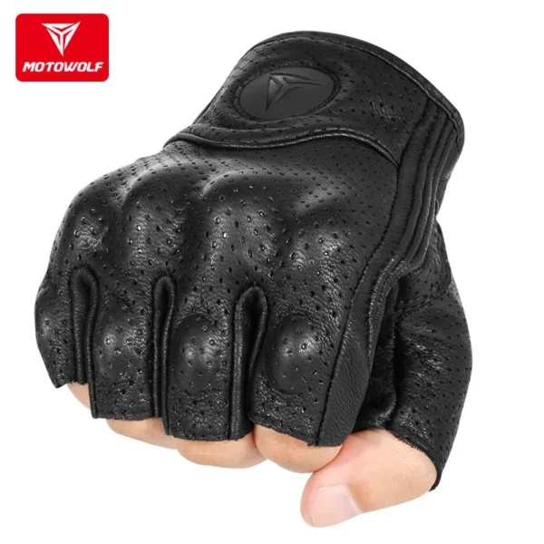 Rider gripping motorcycle throttle wearing MOTOWOLF Half Finger Riding Gloves