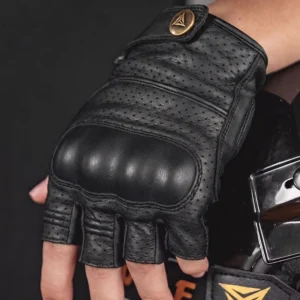 Detailed view of the reinforced, impact-resistant knuckle padding on the Motowolf Retro Half Finger Motorcycle Gloves