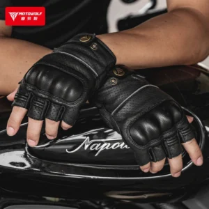 Detailed look at the adjustable velcro and classic snap-button wrist closure on the Motowolf Retro Half Finger Motorcycle Gloves