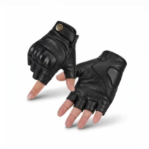 Pair of vintage brown Motowolf Retro Half Finger Motorcycle Gloves resting on a classic leather motorcycle seat