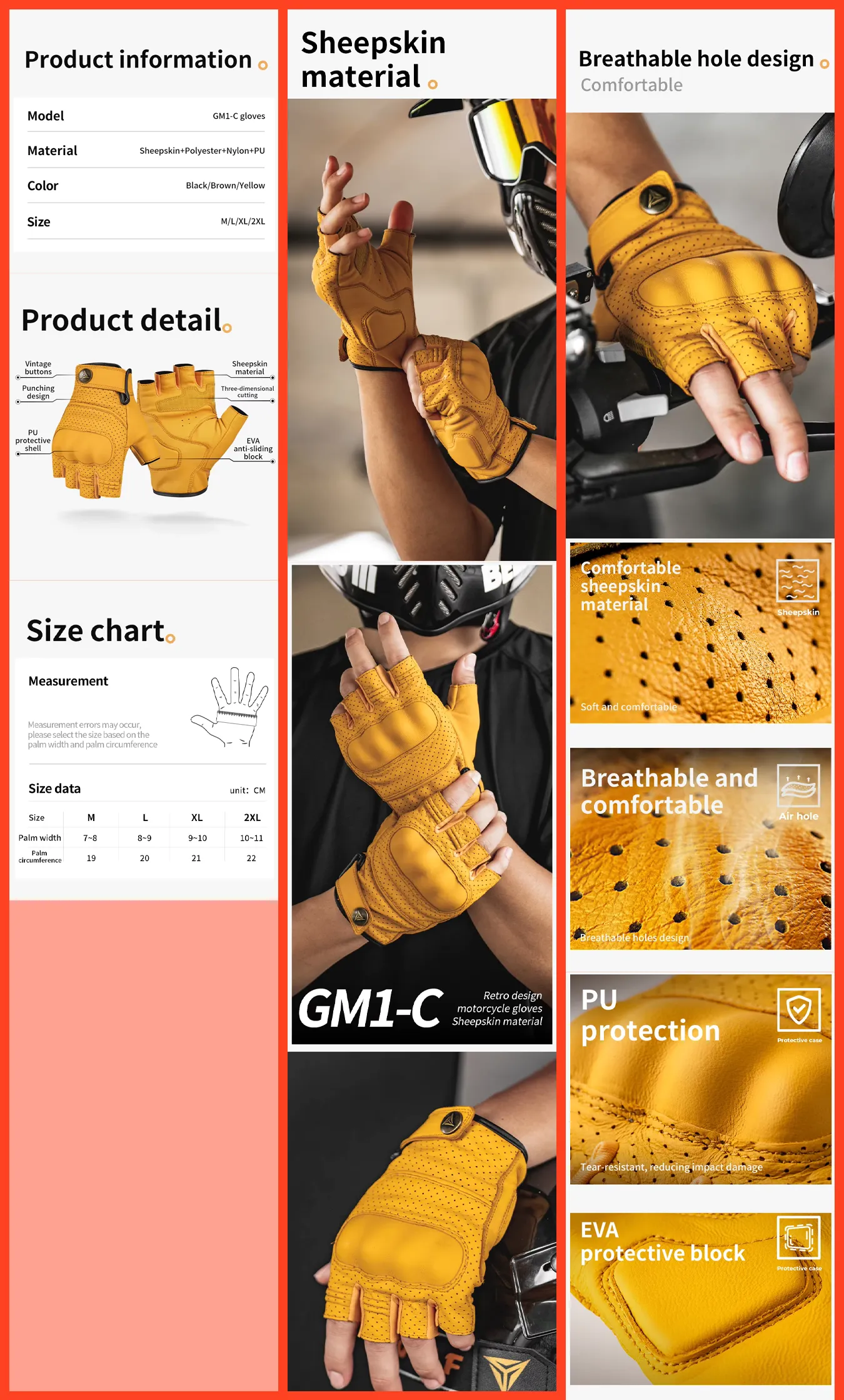 MOTOWOLF Leather Gloves – Retro Half Finger Motorcycle Riding Gloves 6 Close-up of perforated genuine leather on MOTOWOLF gloves