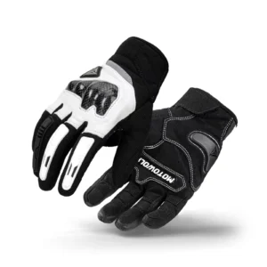 Pair of black Motowolf High Quality Leather Full Finger Gloves resting on a motorcycle seat