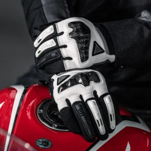 The index finger of the Motowolf Leather Full Finger Gloves operating a smartphone GPS navigation screen