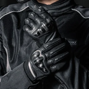 Close-up of the adjustable hook-and-loop velcro wrist strap on the Motowolf Leather Full Finger Gloves