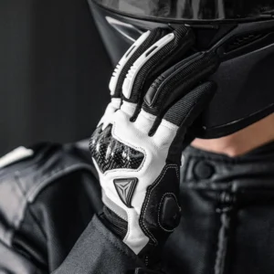 Motorcyclist flexing their hand to demonstrate the soft, unrestrictive feel of the Motowolf Leather Full Finger Gloves