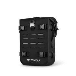 Black Motowolf Bumper Bag mounted securely on a motorcycle crash bar guard