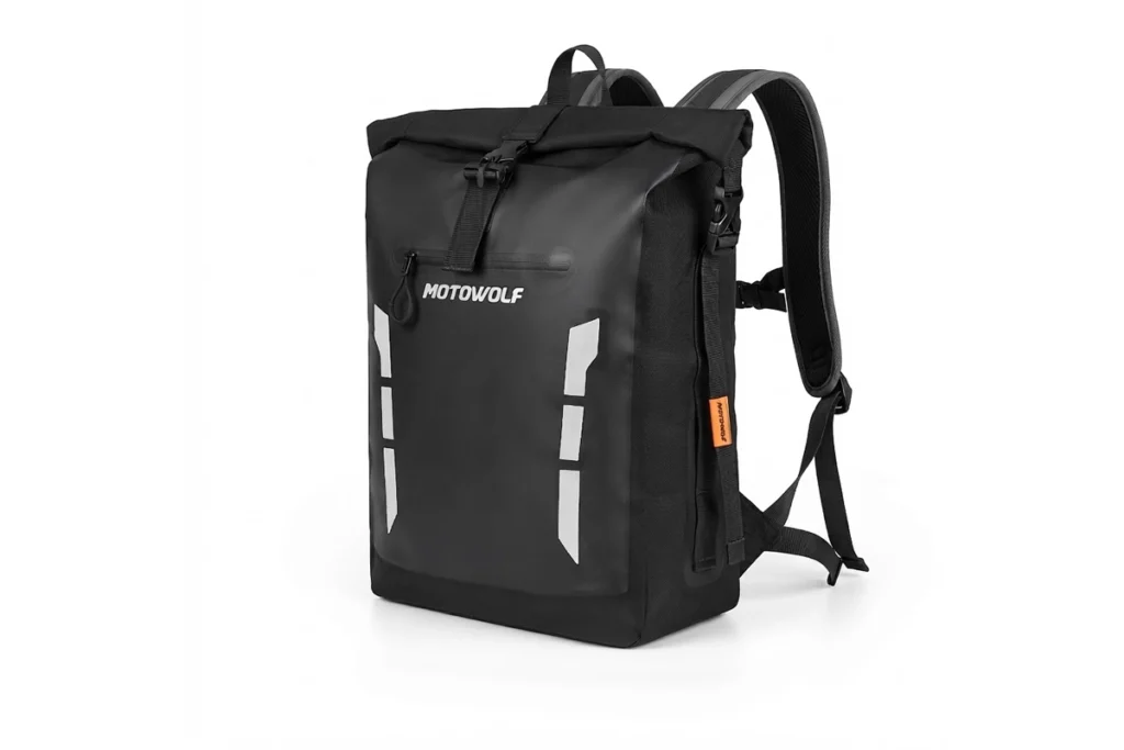Open view of the Motowolf Riding Bag showing an expanded main compartment packed with riding gear and tools
