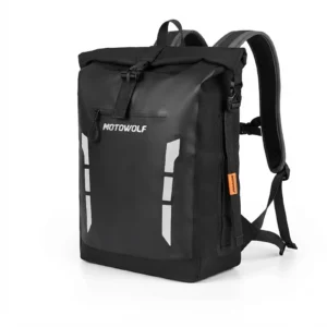 Open view of the Motowolf Riding Bag showing an expanded main compartment packed with riding gear and tools