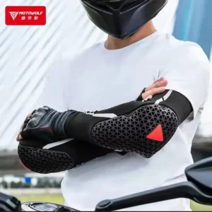 Close-up of the moisture-wicking stretch fabric on the Motowolf Riding Elbow Pads