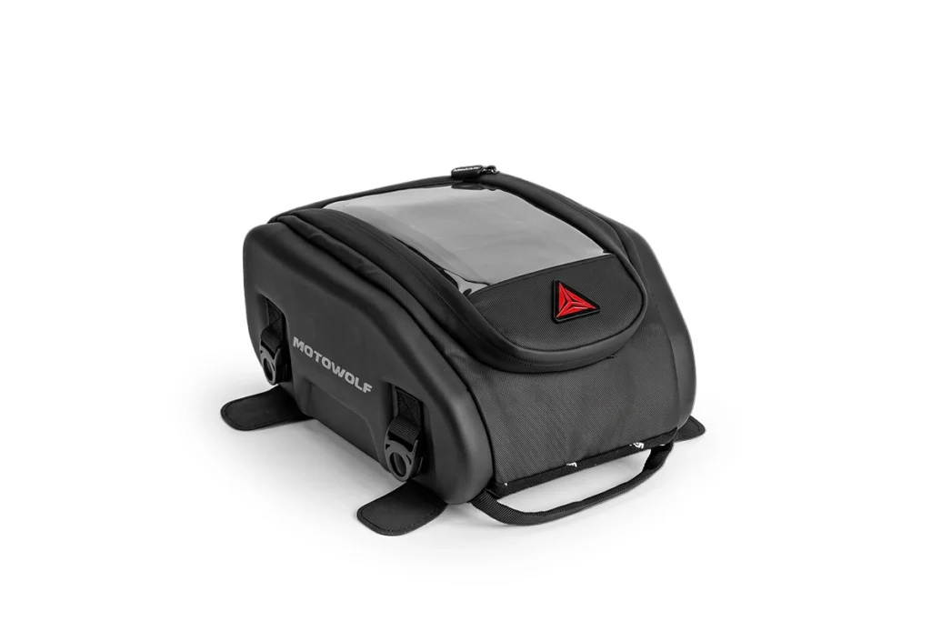 Black Motowolf Fuel Tank Bag mounted on a motorcycle gas tank with a smartphone in the clear touch window