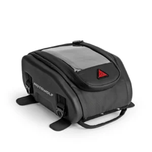 Black Motowolf Fuel Tank Bag mounted on a motorcycle gas tank with a smartphone in the clear touch window