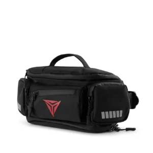 Black Motowolf Waterproof Waist Bag secured around the waist of a motorcycle rider